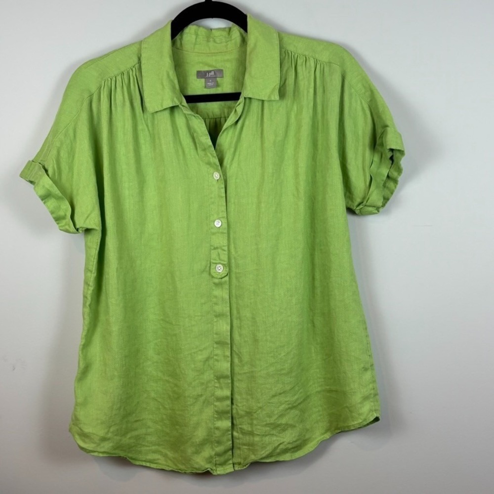 J.Jill Lime Green 100% Linen Button Up Short Sleeve Puff Sleeve Blouse Womens SM